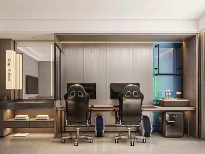 Modern Hotel Guest Room Interior With Gaming Chairs Dual Monitors And Work Desk 3d model