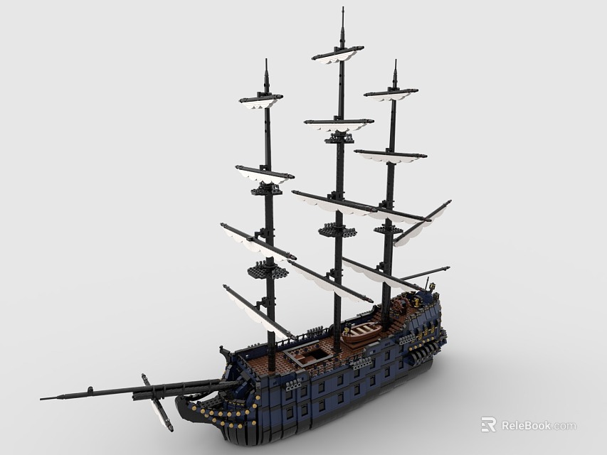 Building Block Sailing Ship Model With Multiple Masts Blue Hull And Brown Deck 3d model 