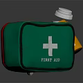 First Aid Supplies With Red Green Kits Cross Symbol Medicine Bottles Thermometer And Brown Pouch