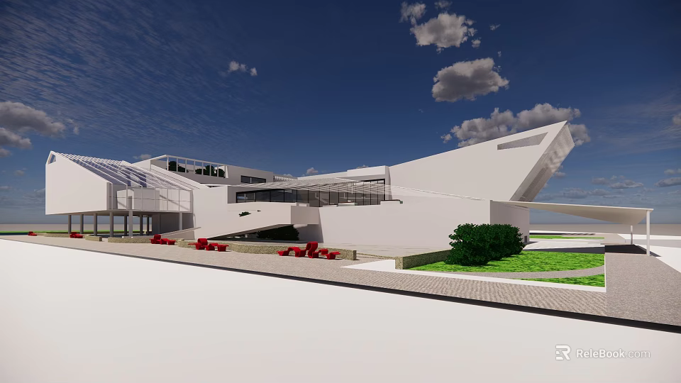 Modern White Architecture With Irregular Design Red Seats Green Plants And Blue Sky 3d model 