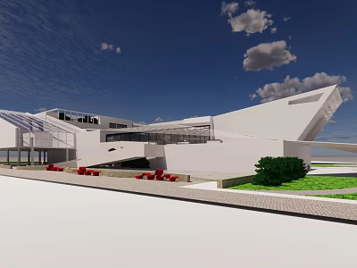 Modern White Architecture With Irregular Design Red Seats Green Plants And Blue Sky 3d model