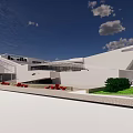 Modern White Architecture With Irregular Design Red Seats Green Plants And Blue Sky