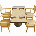 Dining Table Set with Rectangular Wooden Tabletop and Four Rattan Armchairs Plates Placed On Surface 3d model
