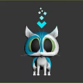 Cute Cartoon Cat Game Character With Big Eyes Green Eye Rings Blue Head And White Ears