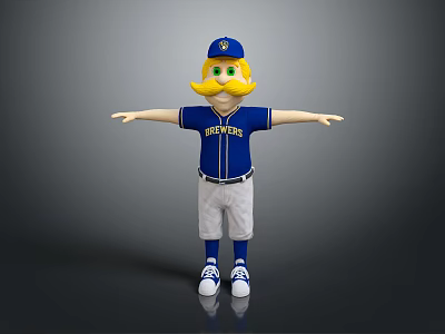 Friendly Cartoon Brewers Mascot With Blue Cap Yellow Mustache Jersey And Gray Shorts Arms Outstretched 3d model