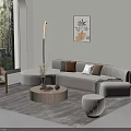 Modern Beige Sofa and Round Coffee Table Set with Pillows Floor Lamp and Green Plants