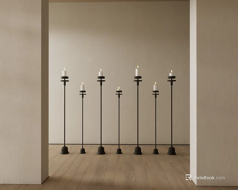 Multiple Black Candle Lamps With White Candles In Indoor Scene Wooden Floor Beige Walls 3d model 