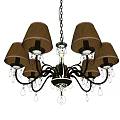 Multiple Brown Fabric Shaded Chandelier With Hanging Chain And Crystal Accents