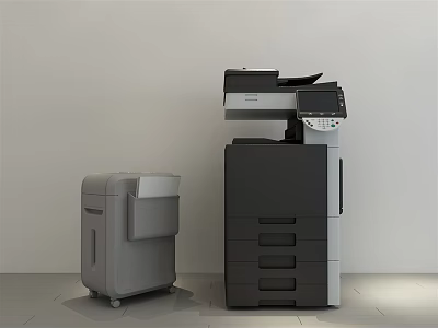 Modern Office Appliances Multifunction Printer and Paper Shredder with Multiple Drawers in Office Environment 3d model