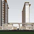 Modern Architectural Entrance With Arch Design Glass Facade High Rise Buildings And Outdoor Trees