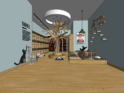 Cozy Cat Cafe Interior With Wooden Floor Decorative Tree Shelves And Cat Wall Art 3d model