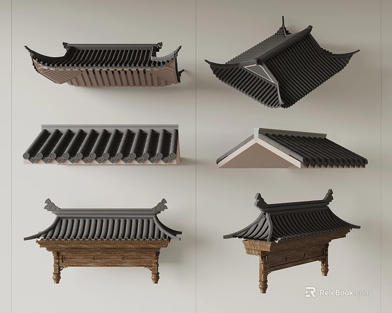 Traditional Chinese Roof Architectural Components Featuring Various Tile Patterns Curved Eaves And Structural Designs 3d model 