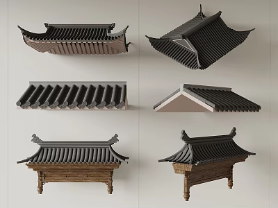 Traditional Chinese Roof Architectural Components Featuring Various Tile Patterns Curved Eaves And Structural Designs 3d model