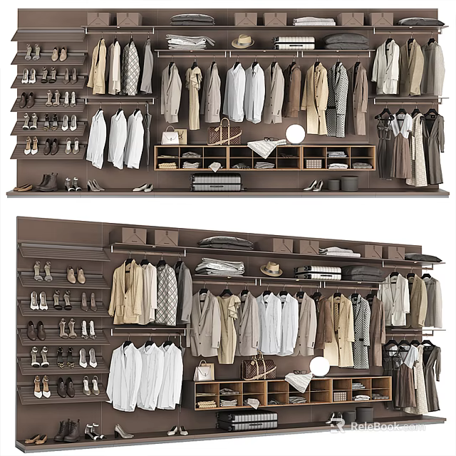 Organized Modern Wardrobe Interior With Hanging Clothes Shoes And Storage Shelves 3d model 