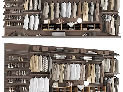 Organized Modern Wardrobe Interior With Hanging Clothes Shoes And Storage Shelves 3d model