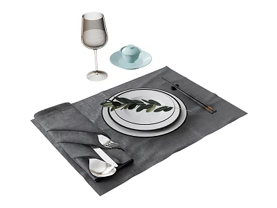 Stylish Tableware Set With White Plates Green Cup Wine Glass And Utensils On Gray Placemat 3d model