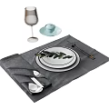 Stylish Tableware Set With White Plates Green Cup Wine Glass And Utensils On Gray Placemat
