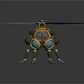 Yellow Mechanical Helicopter With Four Legs And Blue Propeller Robot Design