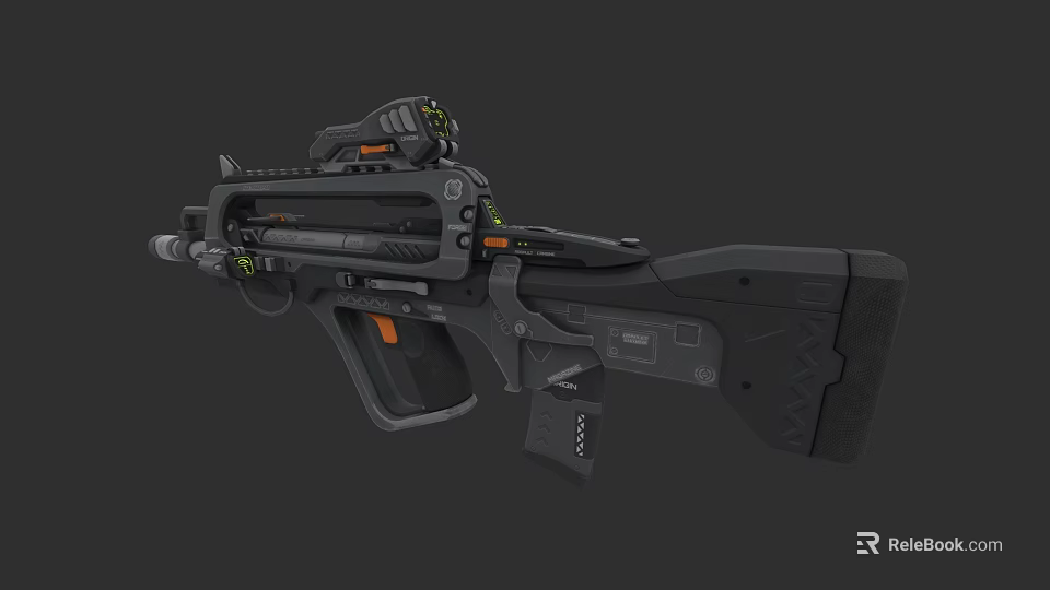 Futuristic Tactical Assault Rifle With Black Body Orange Grip Green Accents And Advanced Scope 3d model 