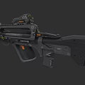 Futuristic Tactical Assault Rifle With Black Body Orange Grip Green Accents And Advanced Scope