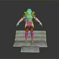 Purple Haired Fantasy Character In Decorated Golden Armor Standing On Gray Steps With Green Pants