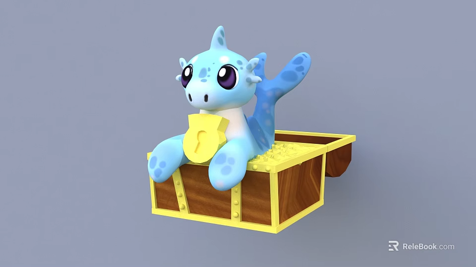 Cute Blue Cartoon Creature Sitting On Yellow Treasure Chest With Golden Key 3d model 