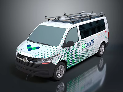 White Volkswagen Van With Green And Blue Pattern Roof Rack And AmeiLin Logo 3d model