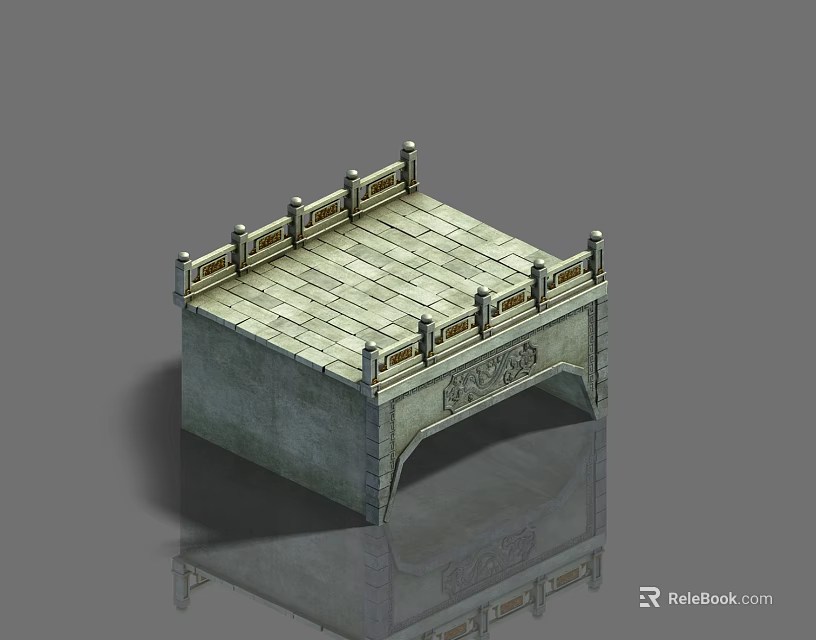 Stone Arch Bridge With Ornate Carved Railings And Tile Deck Design 3d model 