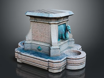 Stone Fountain With Square Structure Animal Head Spout And Textured Base Pools 3d model