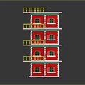 Red Multi Storey Tower Model With Yellow Balcony Railings And Green Windows