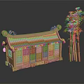 Cartoon Traditional Chinese Building with Tiled Roof Carved Windows Decorative Eaves Bamboo and Reflection