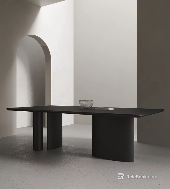 Long Black Dining Table With Cylindrical Legs Glass Bowl Light Walls Arched Doorway Gray Floor 3d model 