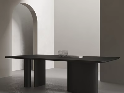 Long Black Dining Table With Cylindrical Legs Glass Bowl Light Walls Arched Doorway Gray Floor 3d model
