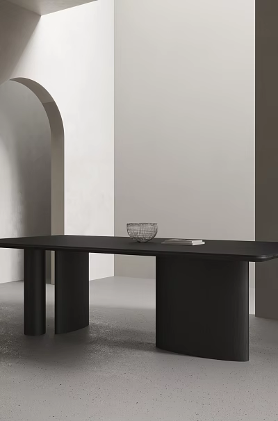 Long Black Dining Table With Cylindrical Legs Glass Bowl Light Walls Arched Doorway Gray Floor 3d model