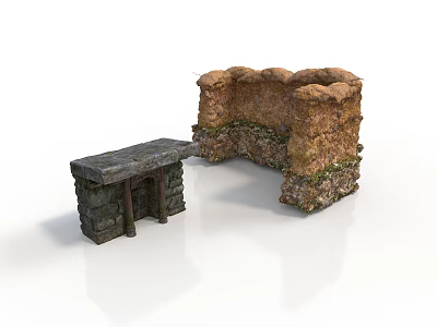 Ancient Stone Architectural Structure With Weathered Wall And Stone Bench 3d model