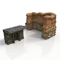 Ancient Stone Architectural Structure With Weathered Wall And Stone Bench
