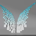 Geometric Sculpture With Blue White Cubes Forming Wing Shape And Colorful Base