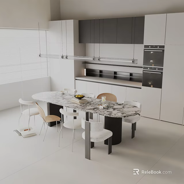 Modern Open Concept Kitchen Interior With Stylish Marble Dining Table Set And Chairs 3d model 