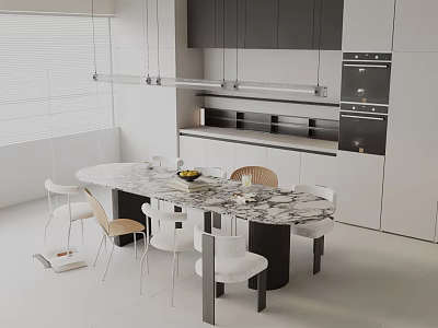 Modern Open Concept Kitchen Interior With Stylish Marble Dining Table Set And Chairs 3d model
