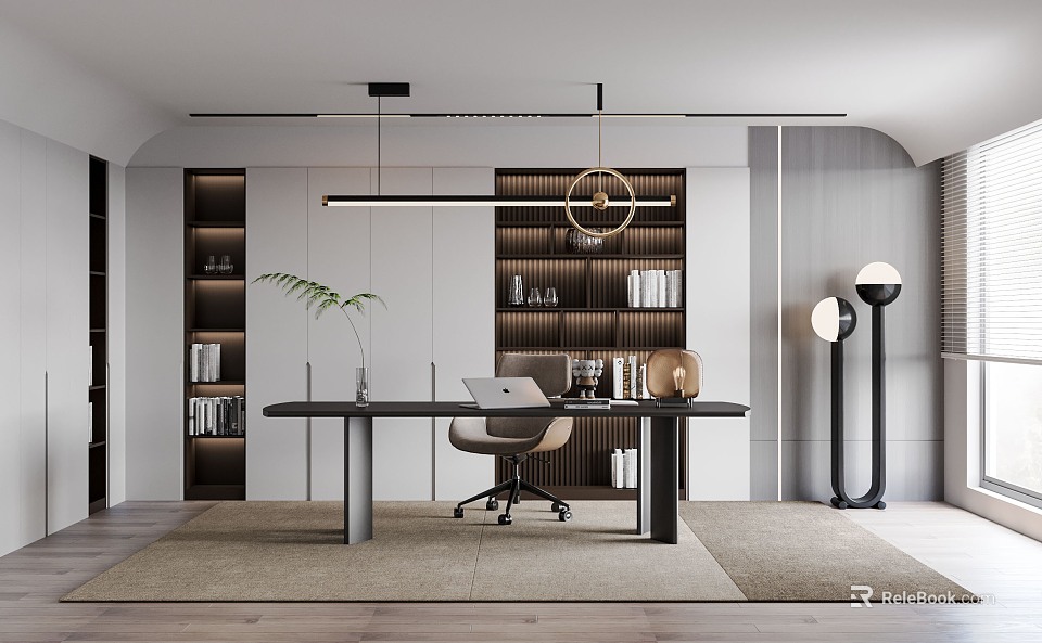 Modern Study Room Interior With Wooden Desk Office Chair Bookshelf And Pendant Light 3d model 