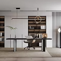 Modern Study Room Interior With Wooden Desk Office Chair Bookshelf And Pendant Light