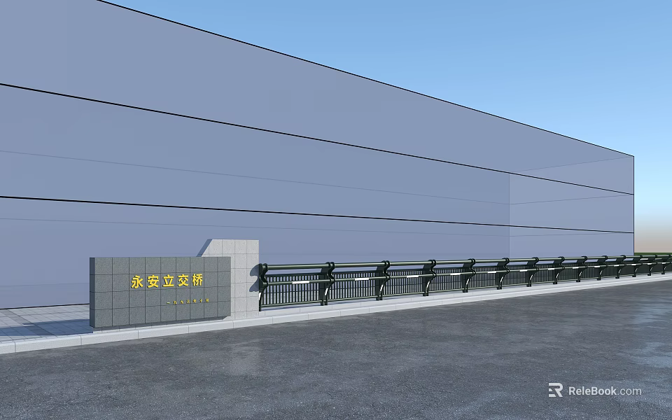 Durable Black Railings Fence for Railway Overpass with Gray Wall and Pavement 3d model 