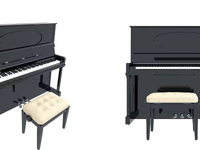Pair of Black Musical Instruments Pianos With Upholstered Stools For Home Use 3d model