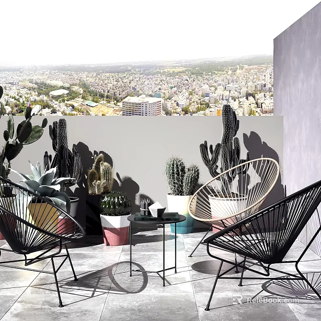 Modern Outdoor Table on Terrace with Black Wicker Chairs Cactus Succulents and City View 3d model 