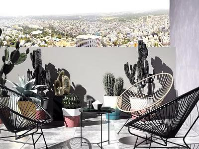 Modern Outdoor Table on Terrace with Black Wicker Chairs Cactus Succulents and City View 3d model