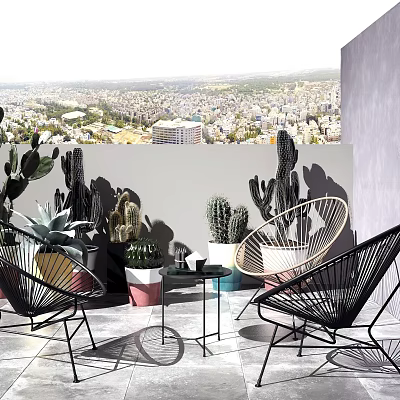 Modern Outdoor Table on Terrace with Black Wicker Chairs Cactus Succulents and City View 3d model