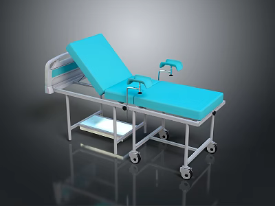 Medical Examination Bed With Blue Mattress Adjustable Backrest Armrests And Mobile Wheels 3d model