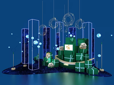 Green Gift Boxes With Illuminated Circular Rings And Linear Frames Decorative Scene 3d model