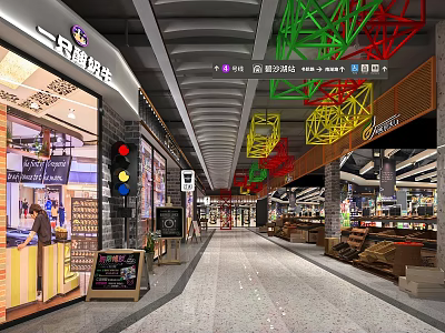Shopping Mall Retail Stores With Colorful Hanging Decorations Glass Storefronts And Directional Signs 3d model