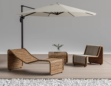Outdoor Rattan Leisure Chair Outdoor Rattan Recliner Sun Umbrella Sunshade Umbrella Anti-corrosion Wood Floor 3d model